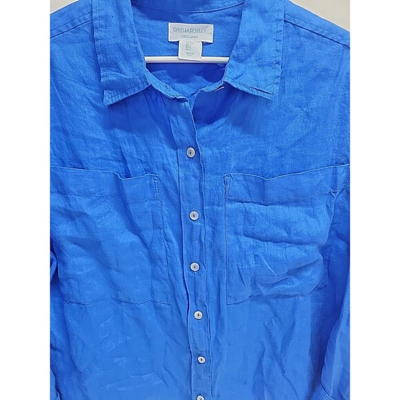 Cynthia Rowley 100% Linen Shirt Blue Long Sleeve Button Boxy‎ Classic Resort L - Picture 2 of 10